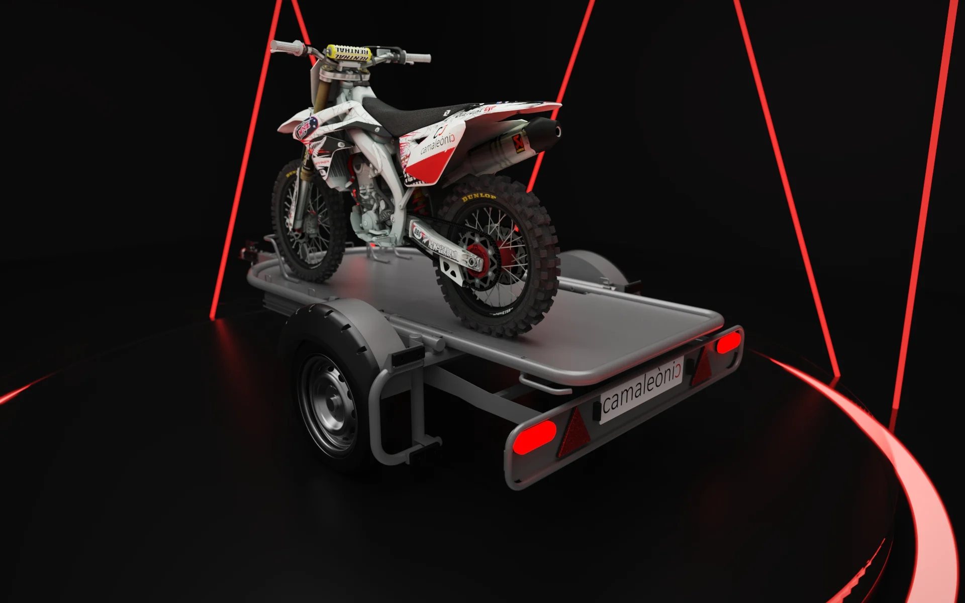 Camaleonic trailer carrying a branded off-road motorcycle