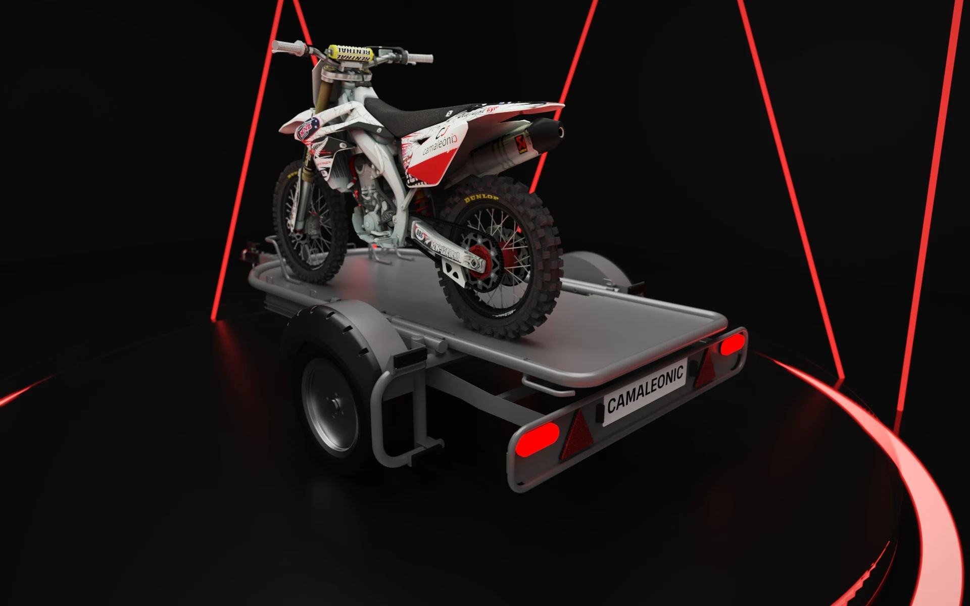 Camaleonic trailer carrying a branded off-road motorcycle
