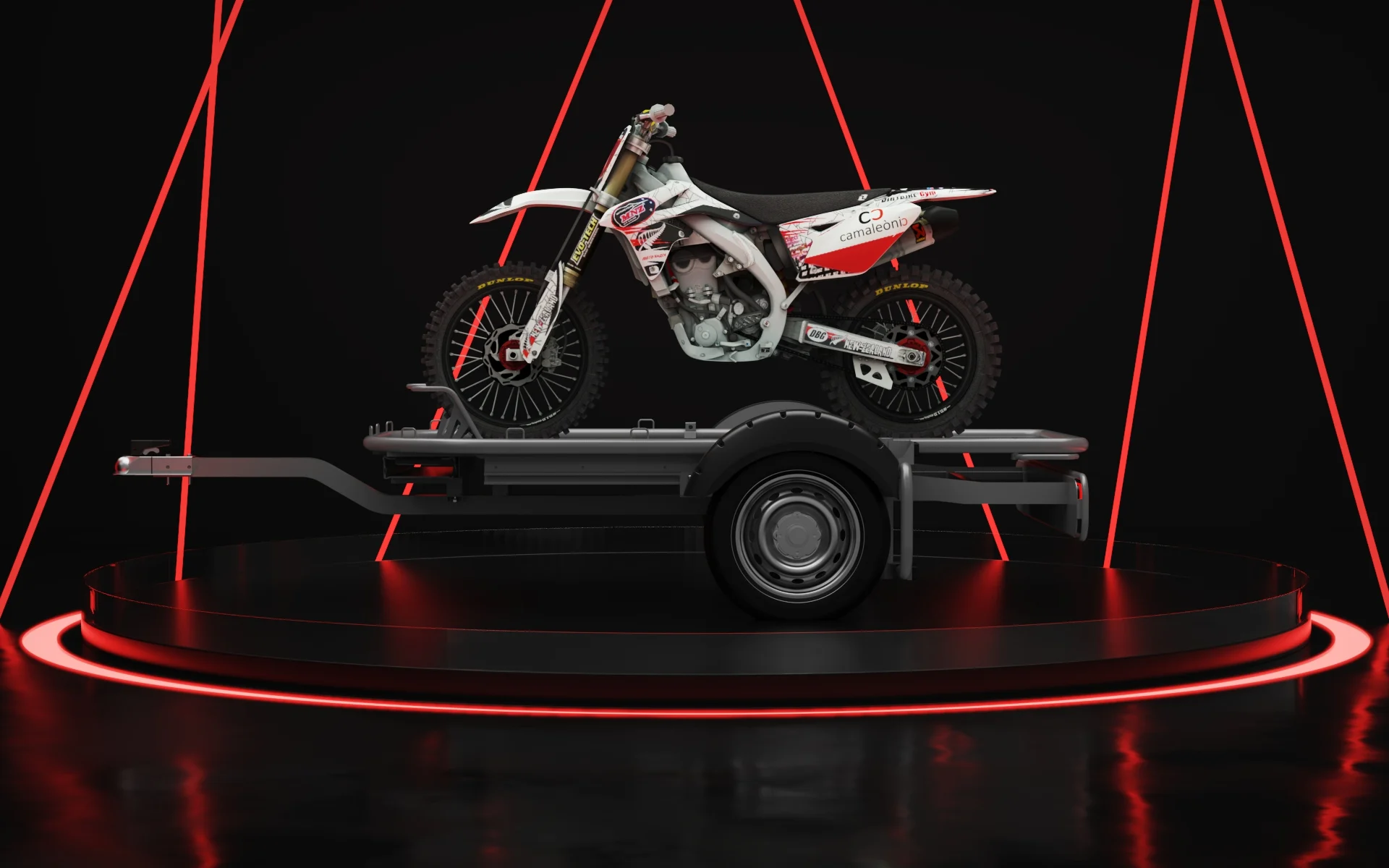 Camaleonic trailer carrying a branded off-road motorcycle, side profile