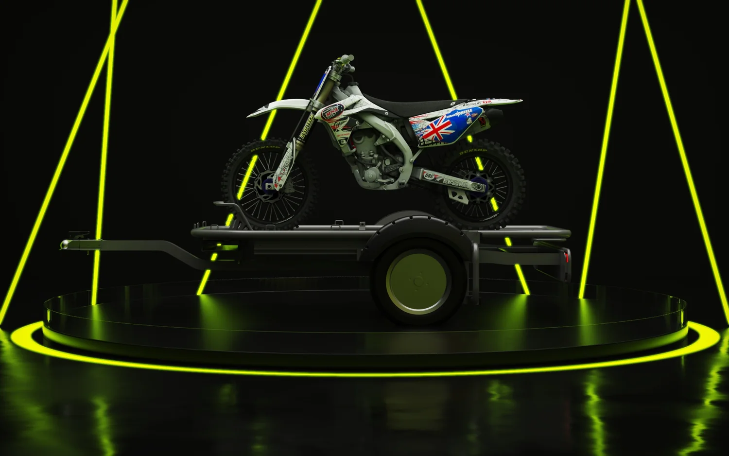 Camaleonic trailer carrying an off-road motorcycle, side profile