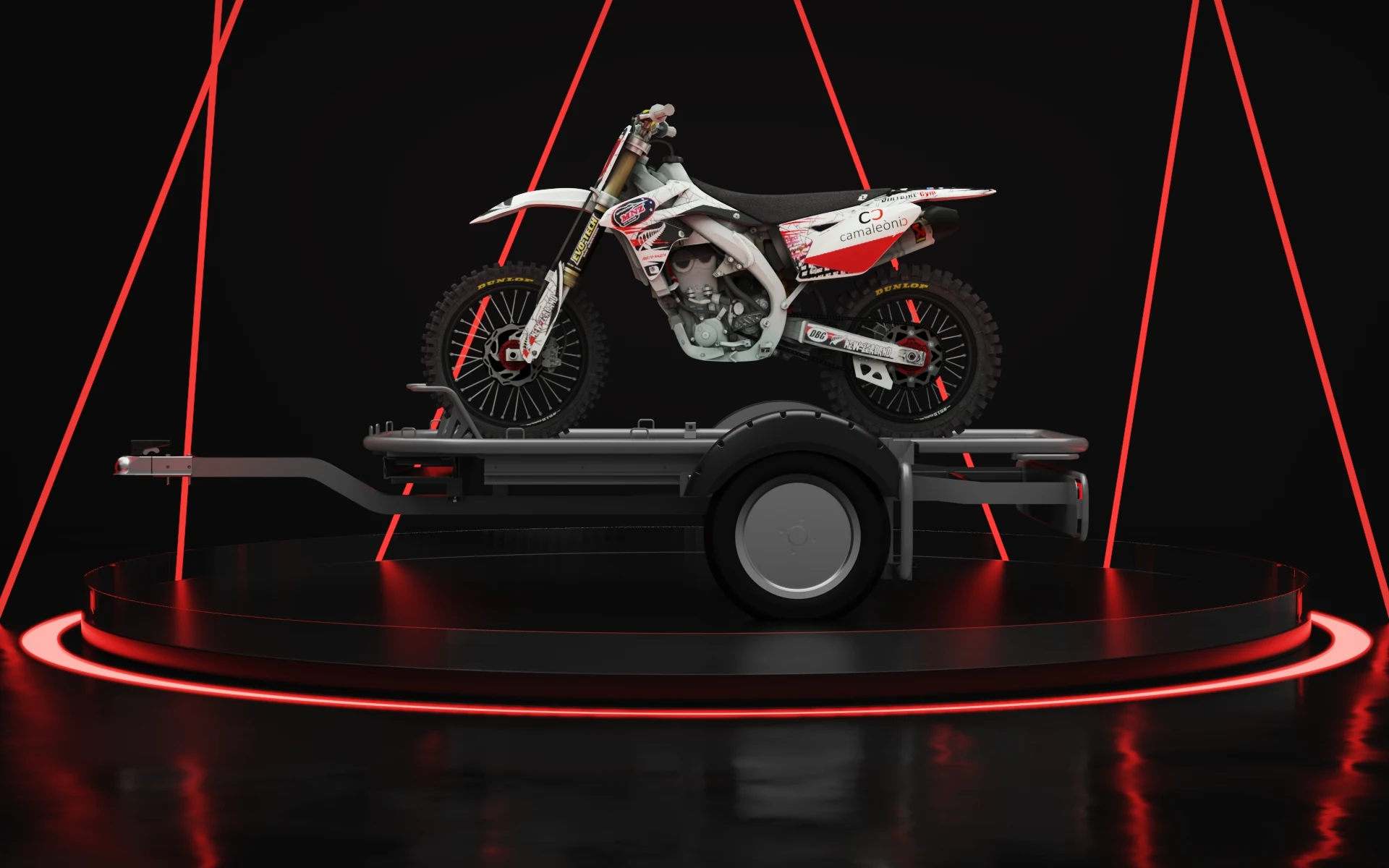 Camaleonic trailer carrying a branded off-road motorcycle, side profile